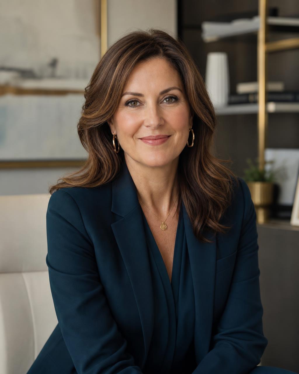 Confident professional woman leader in a modern corporate setting