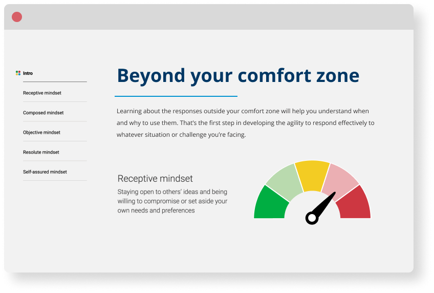 Sample Agile EQ profile page: Beyond your comfort zone, showing the receptive mindset